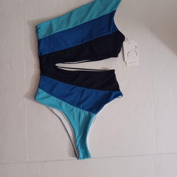 Commense Other - COMMENSE ASYMMETRICAL STRIPED ONE SHOULDER CUTOUT SWIMSUIT BLUE SIZE SMALL
